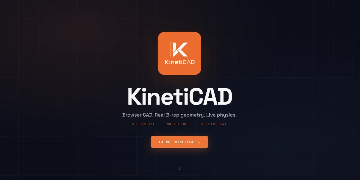KinetiCAD browser CAD application, with real B-rep geometry and live physics